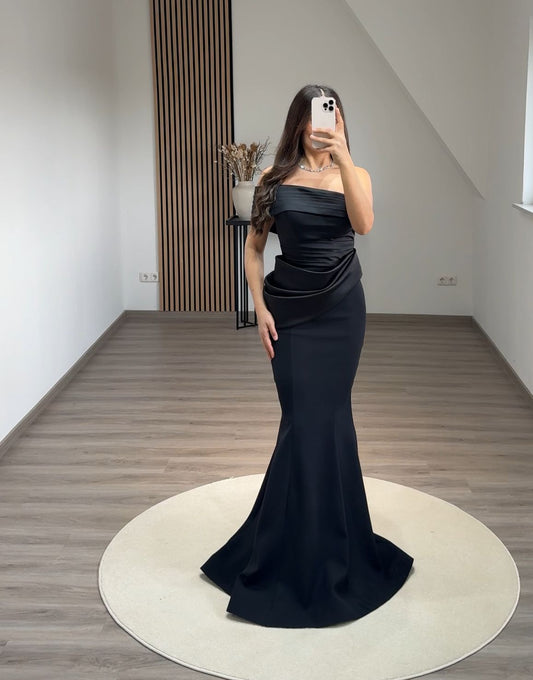 Off-Shoulder Pearls Satin Evening Dress
