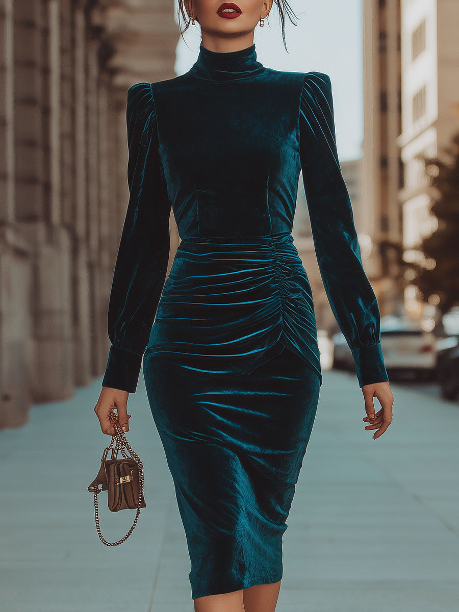 Opulent Teal Velvet Turtleneck Ruched Midi Dress