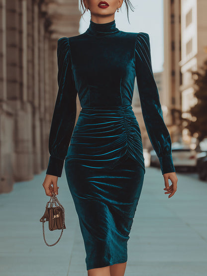 Opulent Teal Velvet Turtleneck Ruched Midi Dress