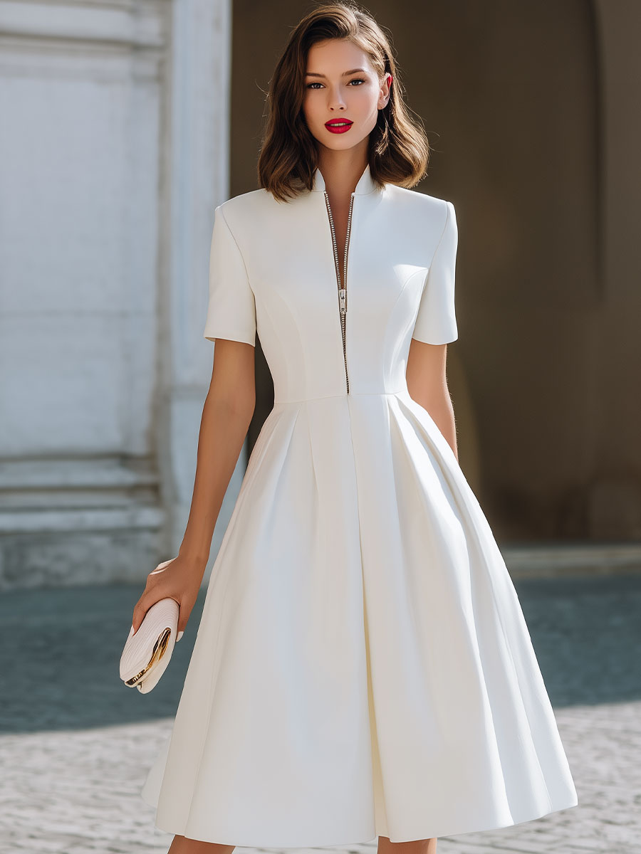 Elegant White Stand-Collar Midi Dress