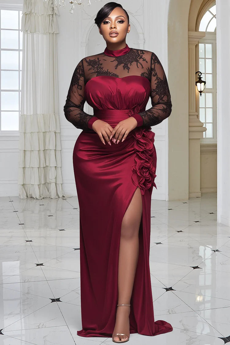 Formal Burgundy Mock Neck Long Sleeve 3D Elegant Split Satin Lace Maxi Dress