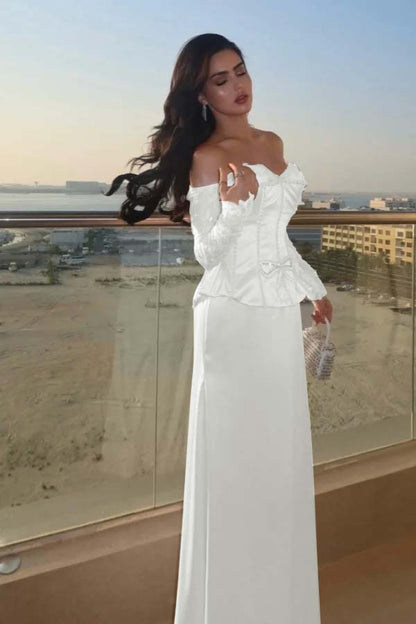 Sweetheart Strapless Long Sleeves Long Prom Dress With Bow And Beadings