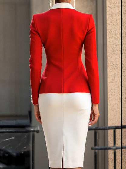 Elegant Red and White Asymmetrical Blazer Suit