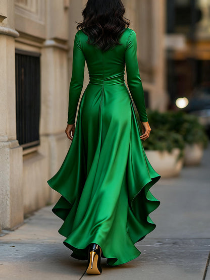 Midnight Blue Draped Satin Maxi Dress With Ruffle Details