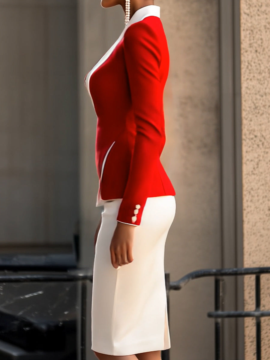 Elegant Red and White Asymmetrical Blazer Suit