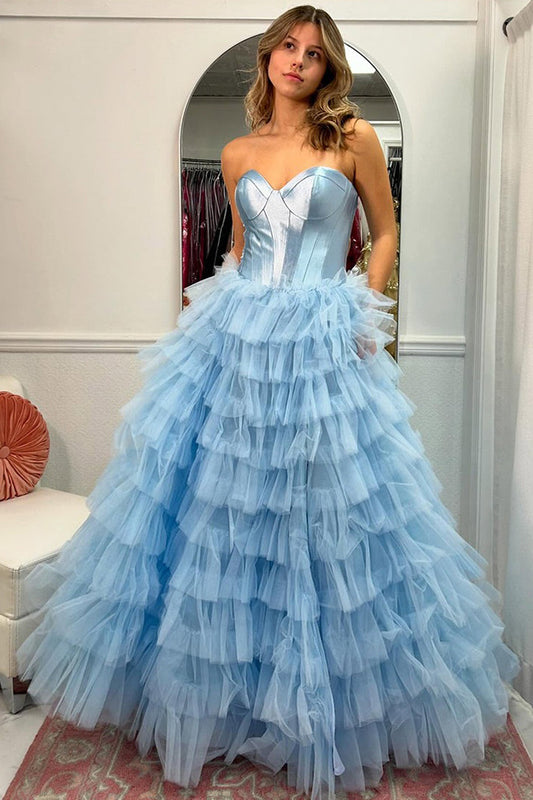 A-Line Sweetheart Tulle Prom Dress Long Ruffle Strapless Evening Gowns