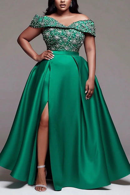 Green Off The Shoulder Short Sleeve Split Elegant Satin Maxi Dress