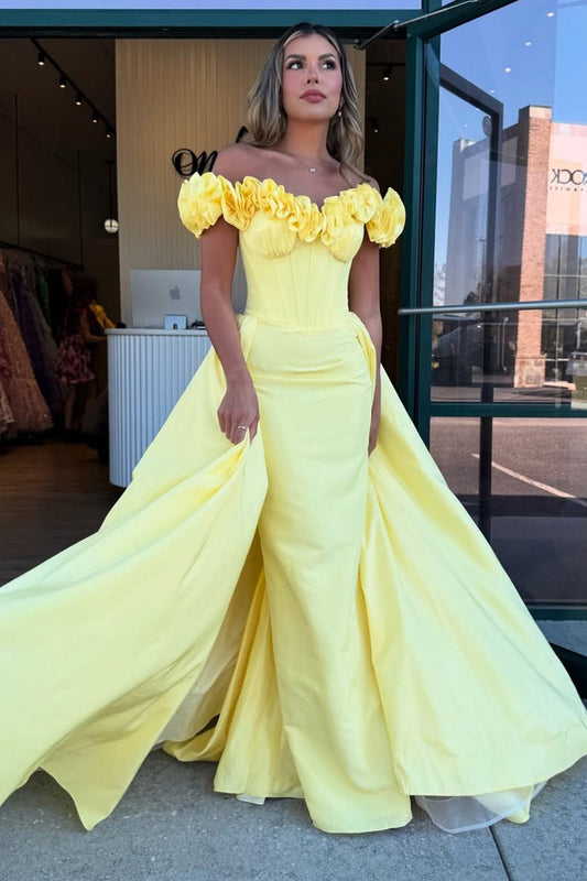 Mermaid Satin Ruffles Prom Dresses Long Yellow Plus Size Evening Gowns