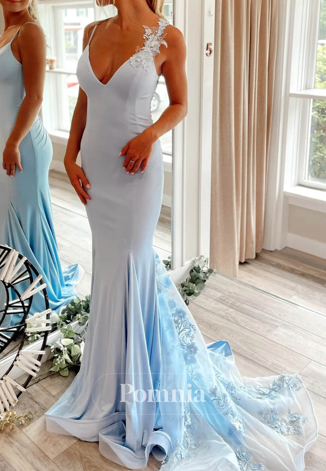 Sky Blue Satin Lace Appliques Long V Neck Prom Dress