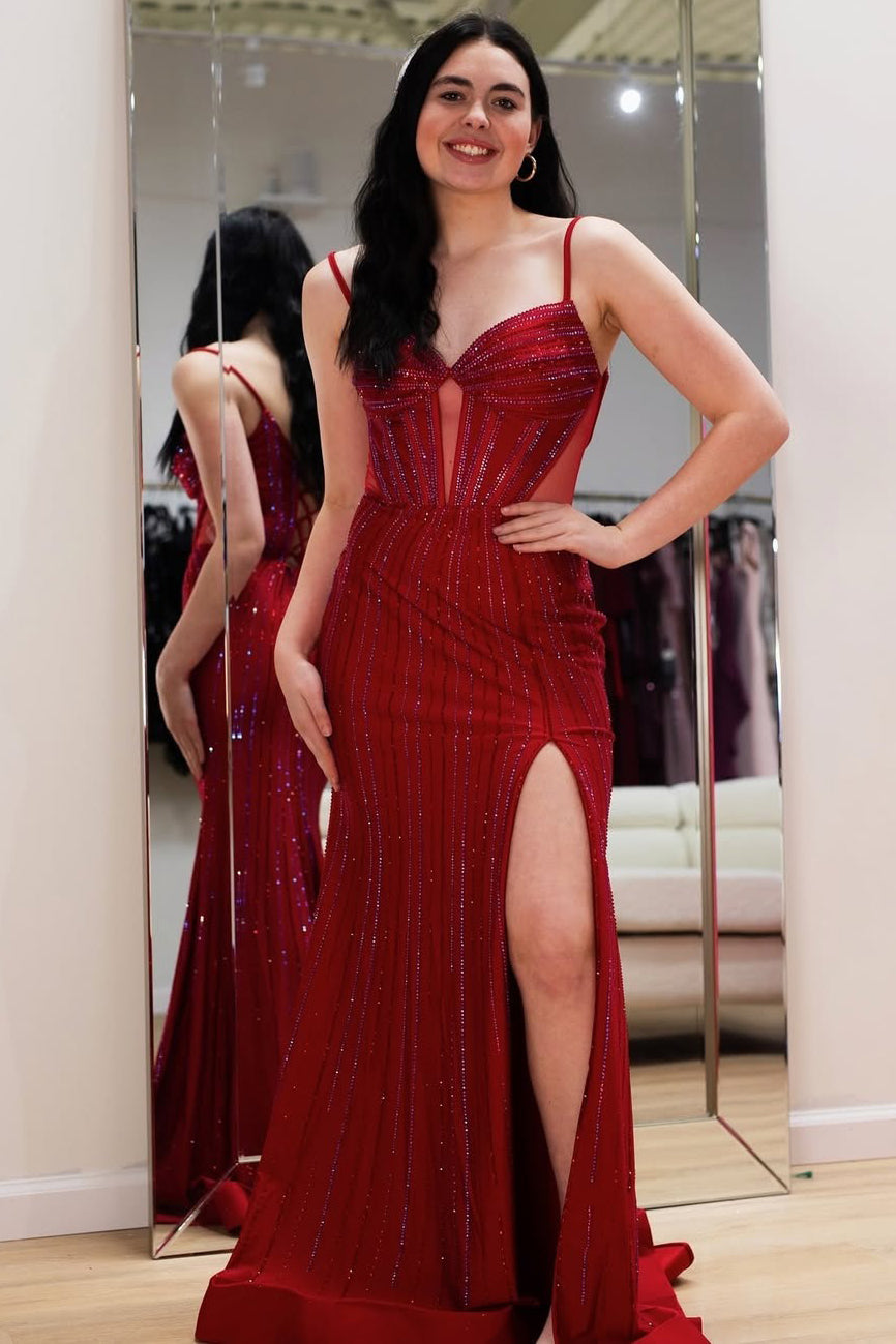 Mermaid Beaded Prom Dresses Long with Slit Corset Sequin Formal Gowns