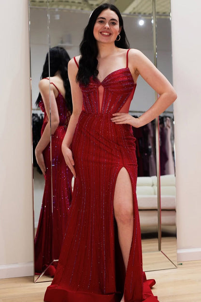 Mermaid Beaded Prom Dresses Long with Slit Corset Sequin Formal Gowns