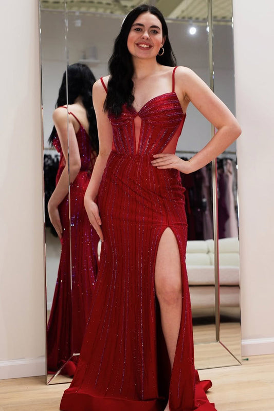 Mermaid Beaded Prom Dresses Long with Slit Corset Sequin Formal Gowns