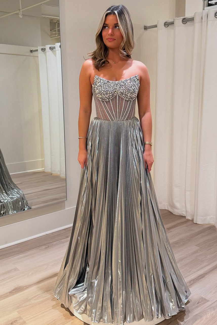 Sweetheart Long Prom Dresses for Women Metallic Satin Beaded Evening Gowns