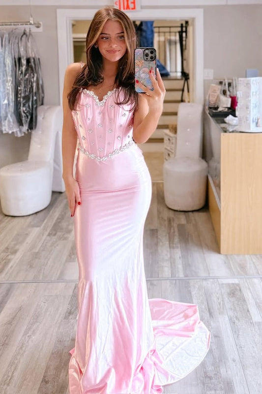 Mermaid Bodycon Sweetheart Satin Beaded Prom Dresses Long