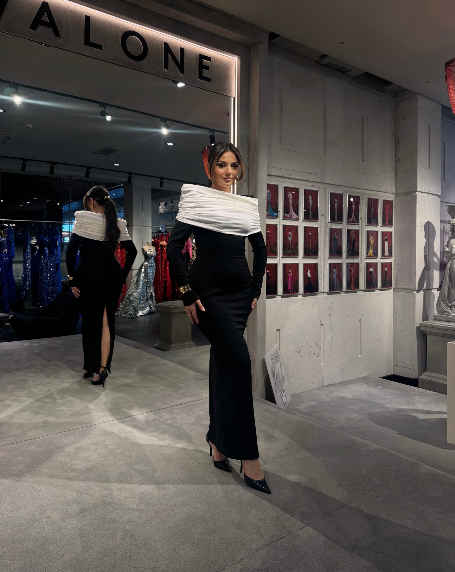 Black & White Long Sleeves Sheath Midi Dress