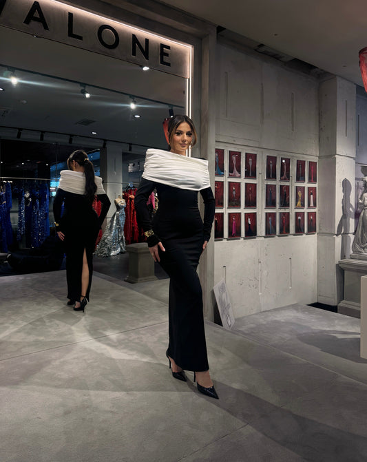 Black & White Long Sleeves Sheath Midi Dress