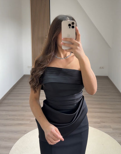 Off-Shoulder Pearls Satin Evening Dress