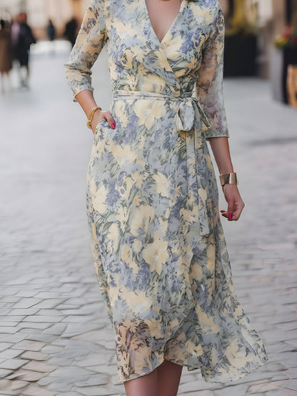 Floral Chiffon Wrap Midi Dress