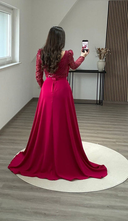 Fuchsia Long Sleeves Scoop Appliques Evening Dress