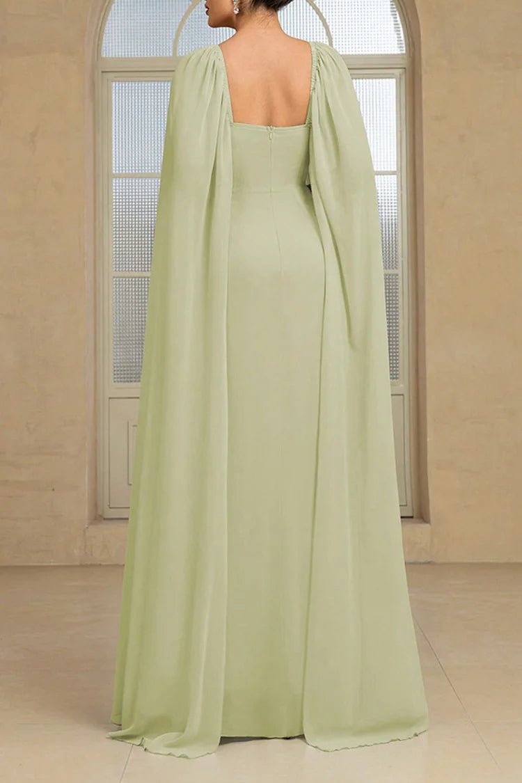 Pleated Square Neck Cape Sleeve Solid Color Party Maxi Dress