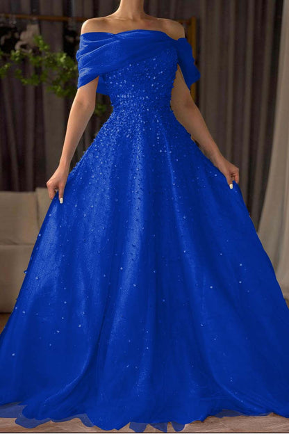 Off the Shoulder Sleeveless Long Prom Dress With Beading Tulle