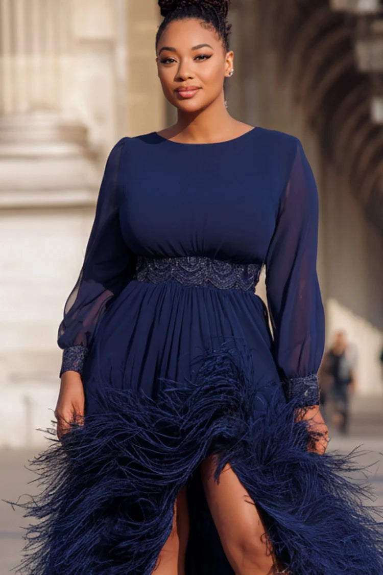 Formal Navy Blue Round Neck Long Sleeve Feather Split Chiffon Maxi Dress