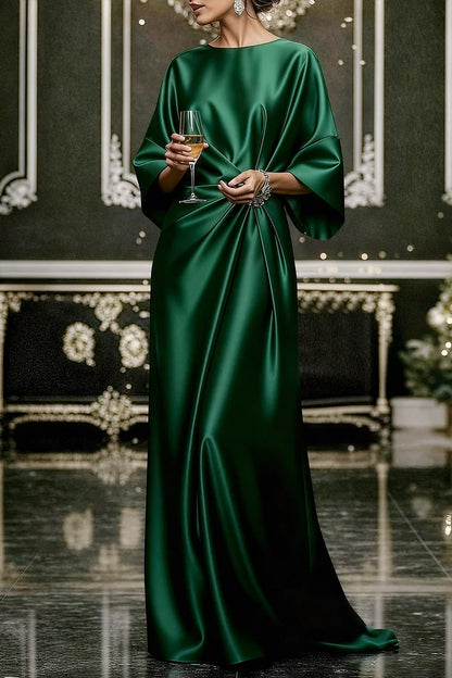 Formal Green Round Neck 3/4 Sleeve Fold Elegant Satin Maxi Dresses