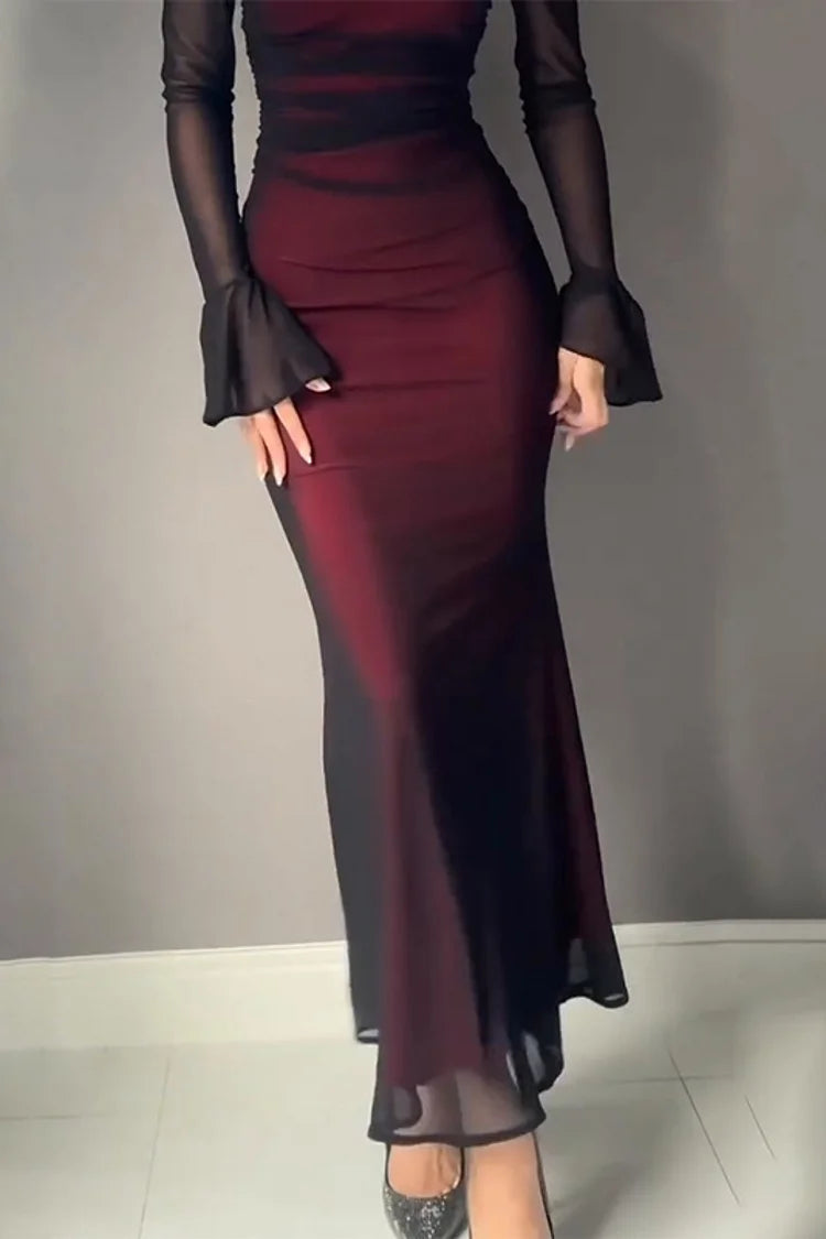 Gradient Flare Sleeve Off Shoulder Bodycon Maxi Dress