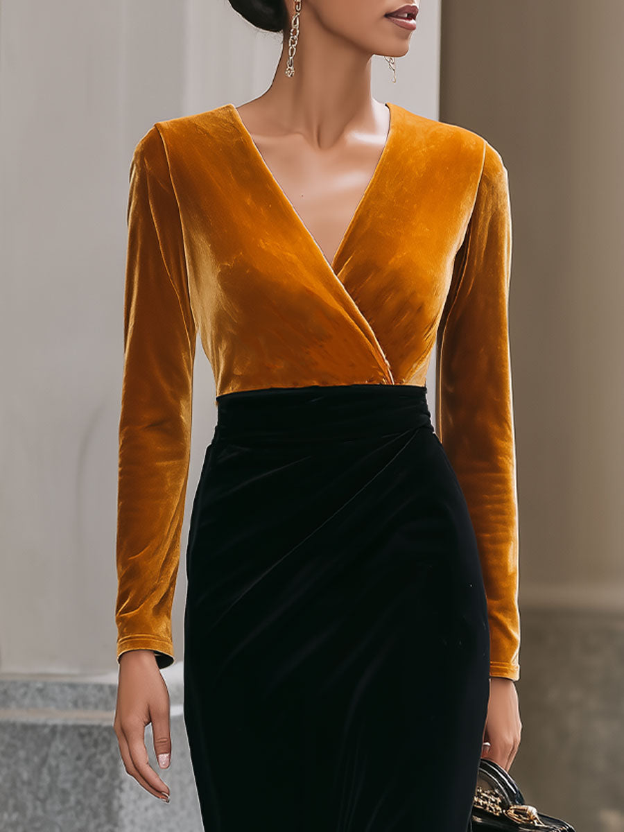 Luxurious Two-Tone Velvet Midi Dress