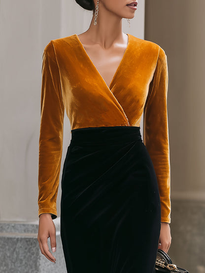 Luxurious Two-Tone Velvet Midi Dress