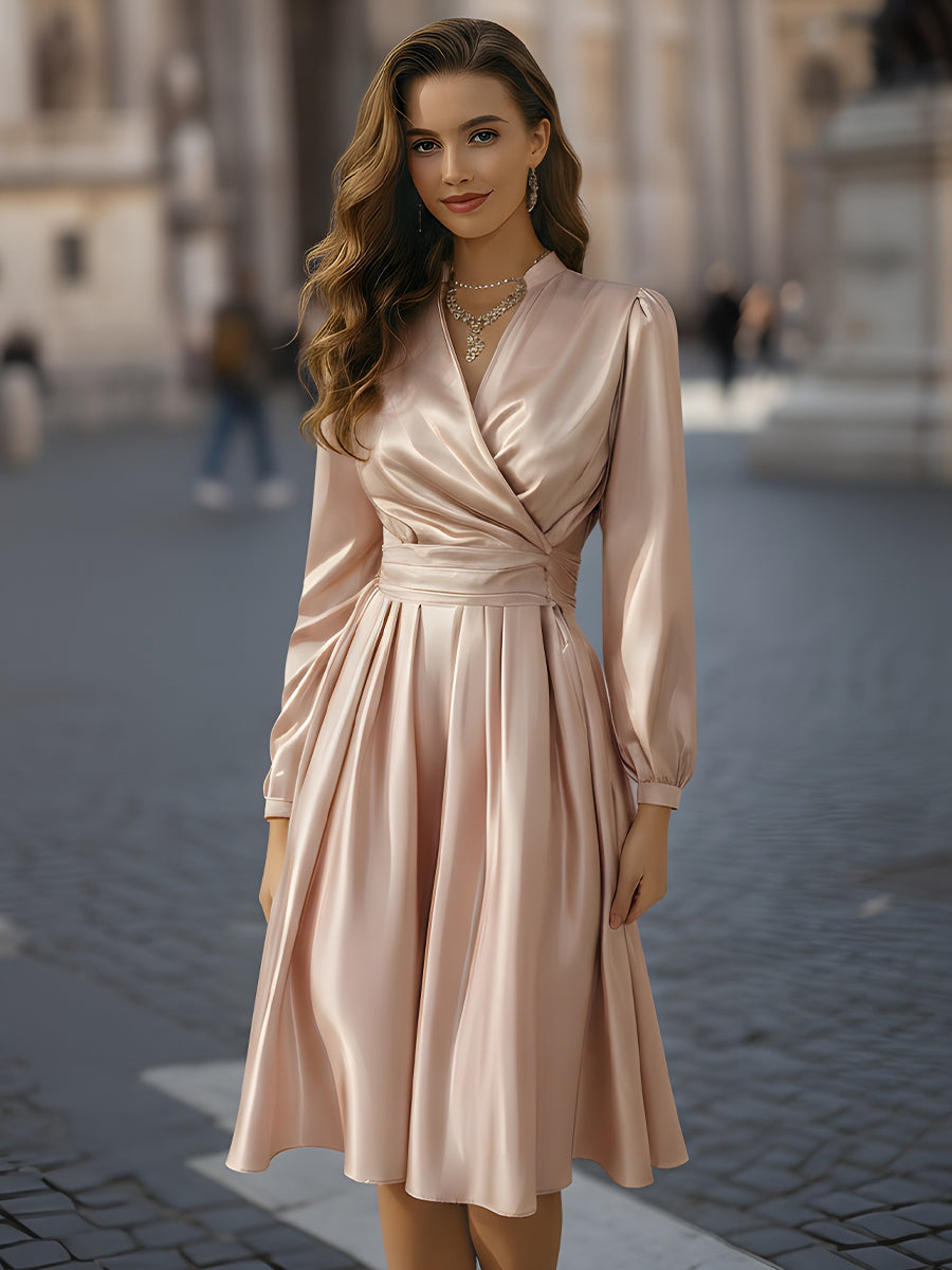 Blush Satin Wrap Dress With Pleated Skirt