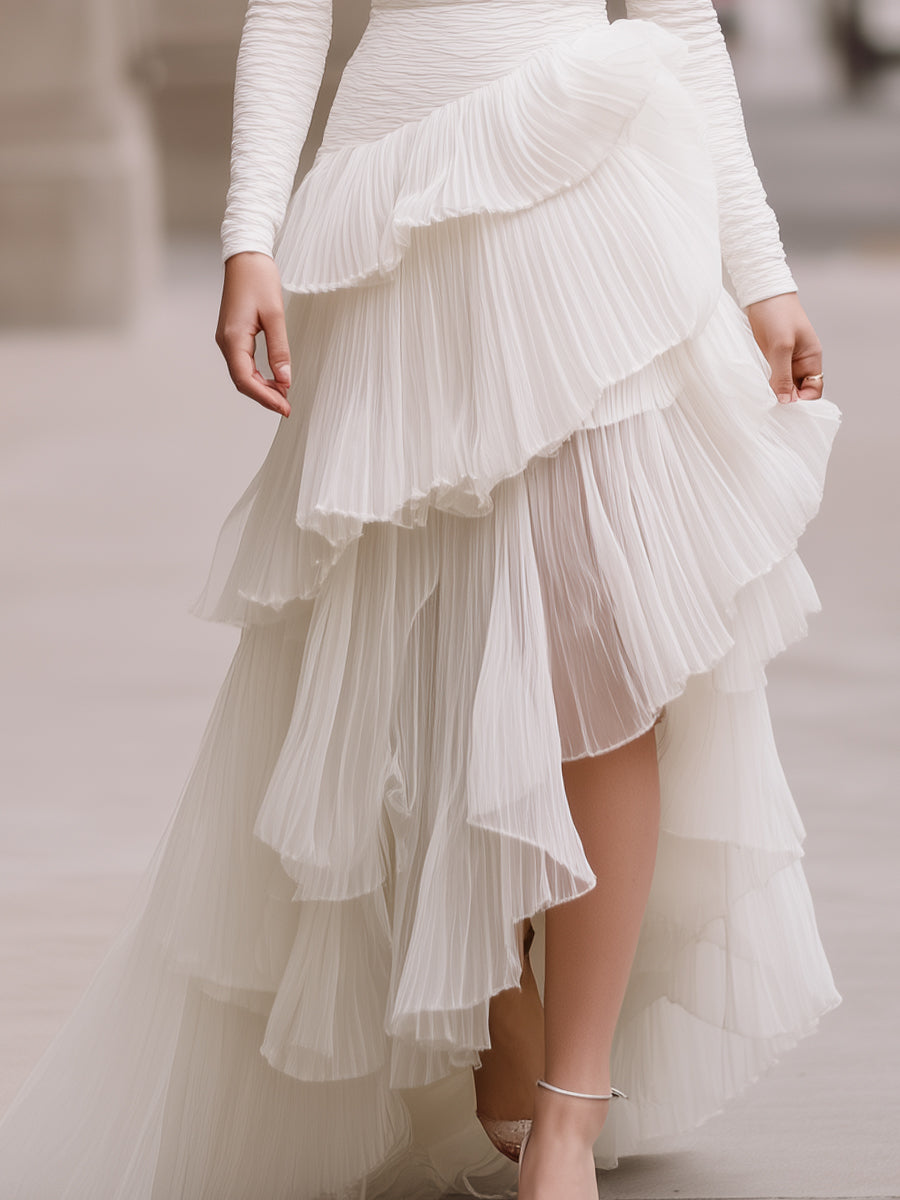 Off-Shoulder Pleated Layered White Gown