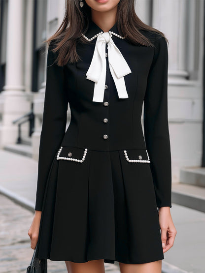 Pearl-Trim Bow Detail A-Line Dress