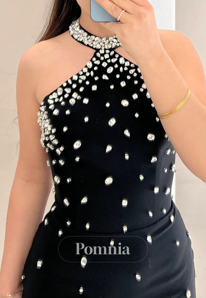 Black Halter Sleeveless Sequins A-Line Prom Dress