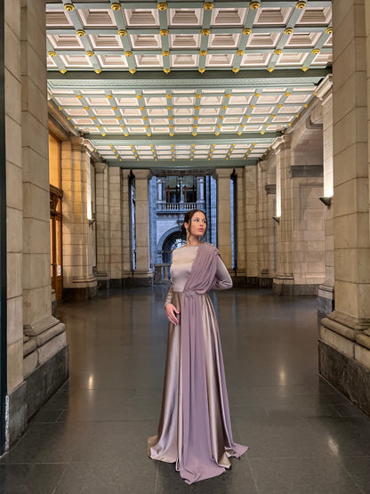 Purple Bateau Neck Long Sleves Back Zipper Formal Evening Gown