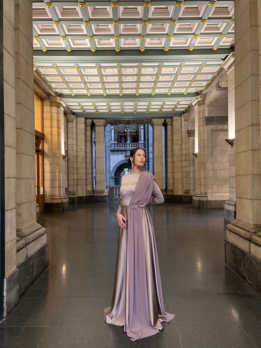 Purple Bateau Neck Long Sleves Back Zipper Formal Evening Gown