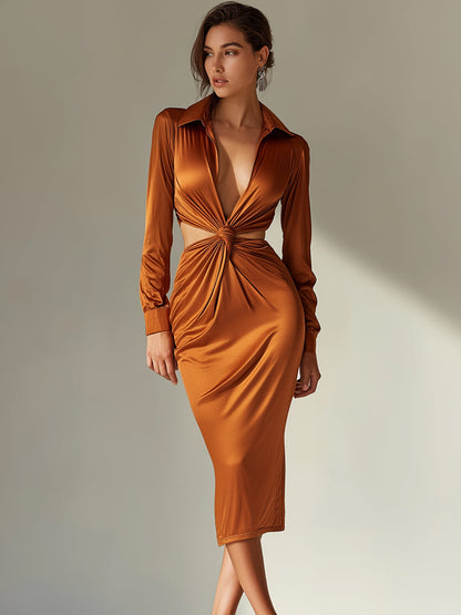 Caramel Long-Sleeve Cutout Twist-Front Satin Midi Dress