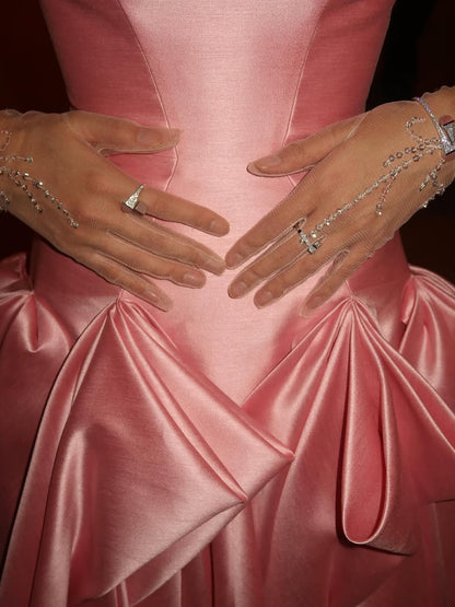 Stunning Pink Strapless Prom Dress Sleeveless A-Line Satin Floor Length