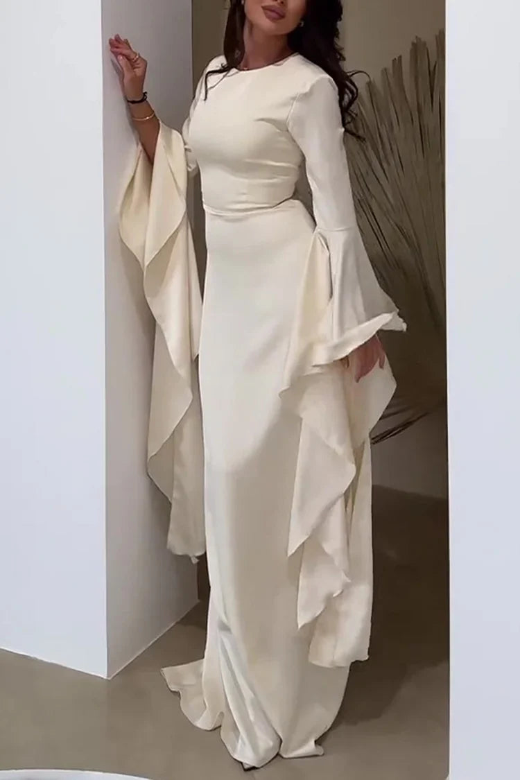 Irregular Flare Sleeve Round Neck Solid Color Maxi Dresses