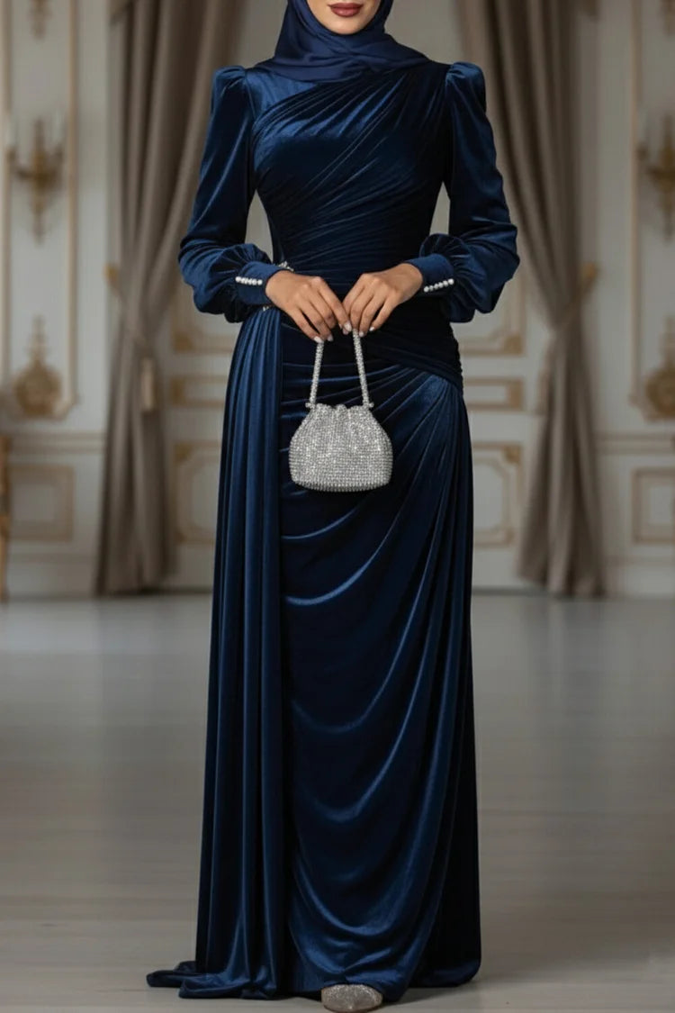 Streamer Pleated Ruched Pearl-Cuffed Velvet Party Maxi Dress