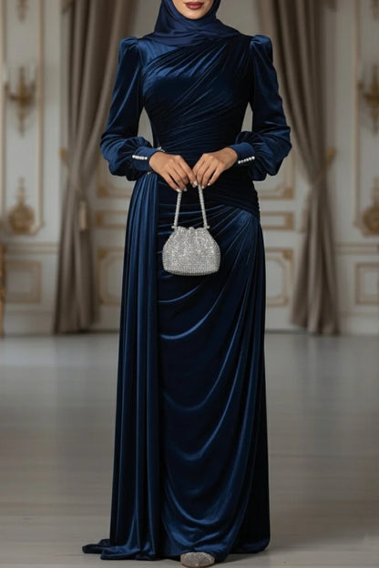 Streamer Pleated Ruched Pearl-Cuffed Velvet Party Maxi Dress