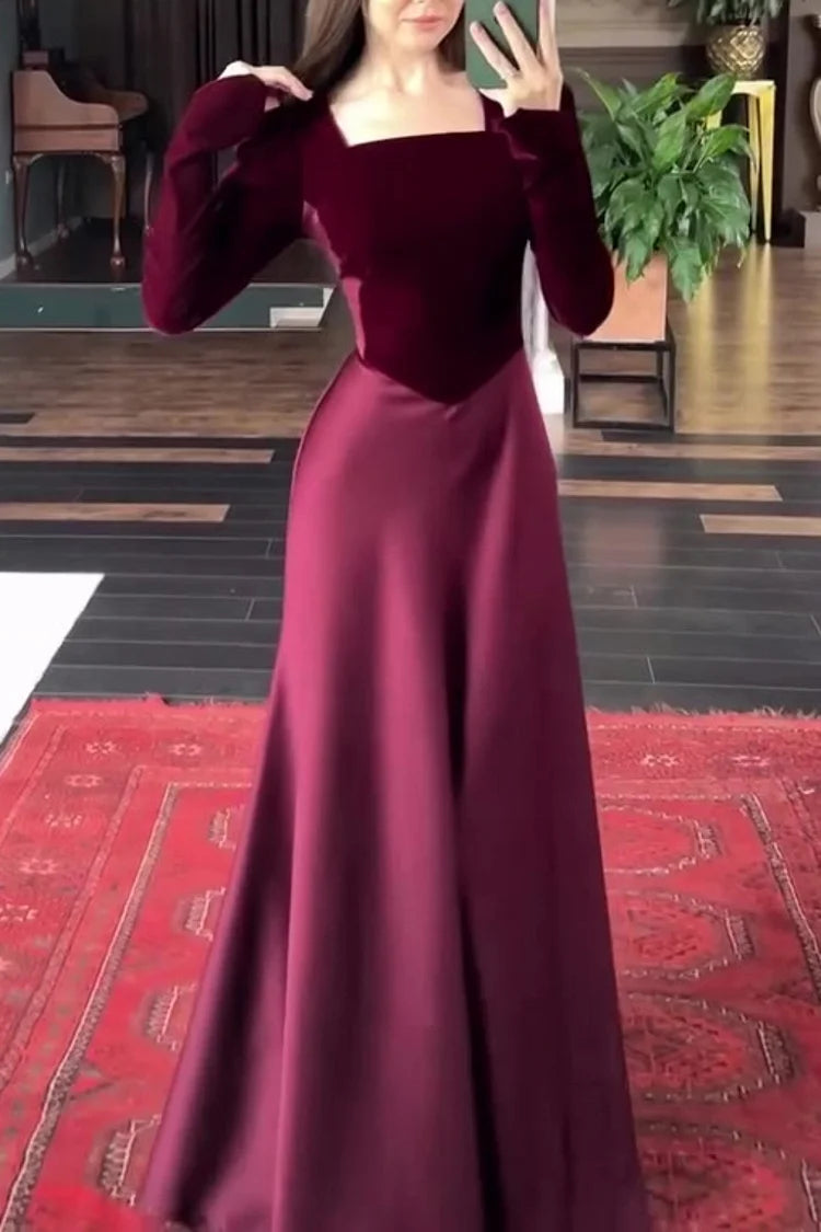 Color Matching Square Neck Patchwork Lace Up Maxi Dresses