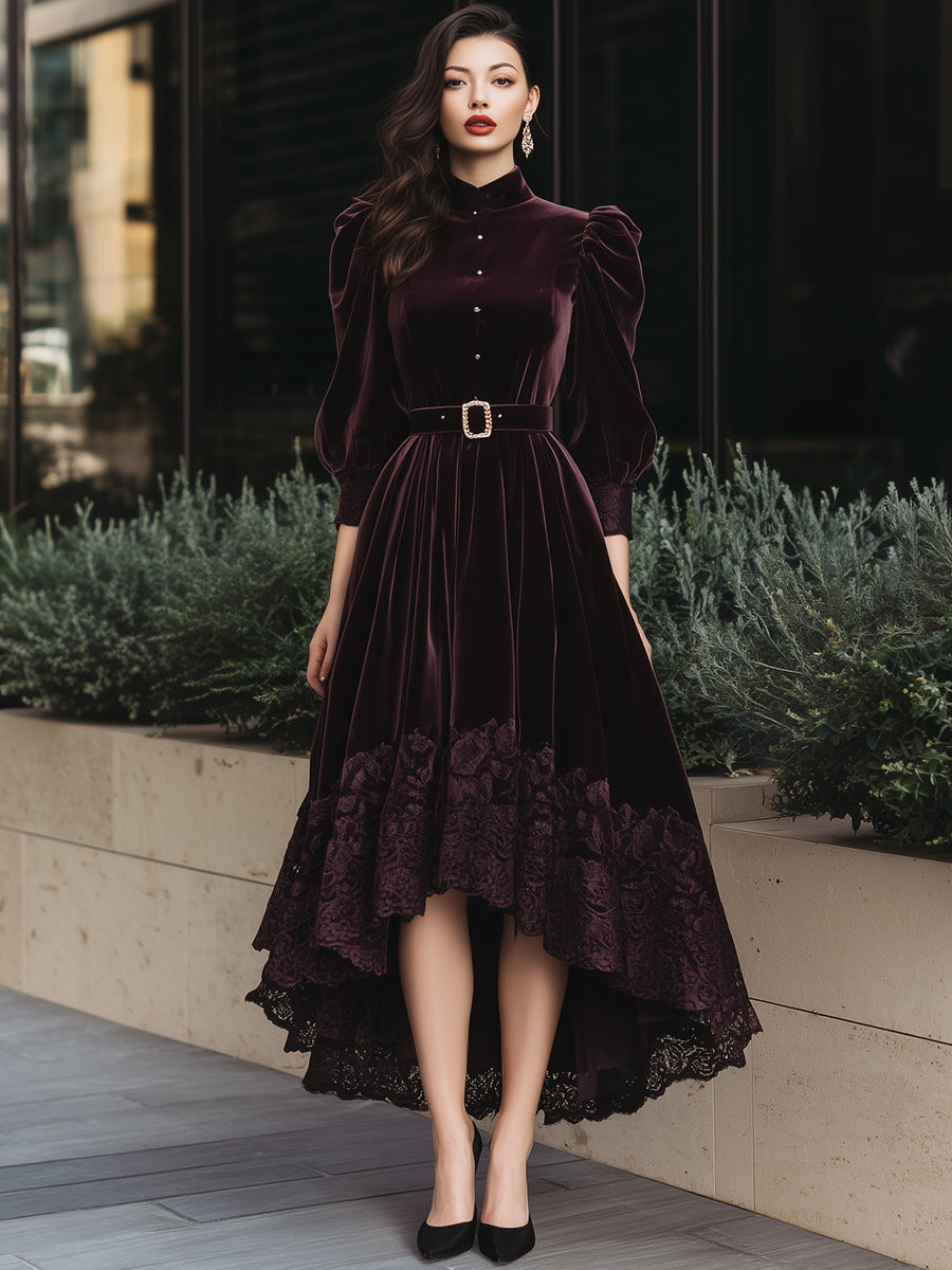 Luxurious Burgundy Velvet Belted Dress With Lace Trim