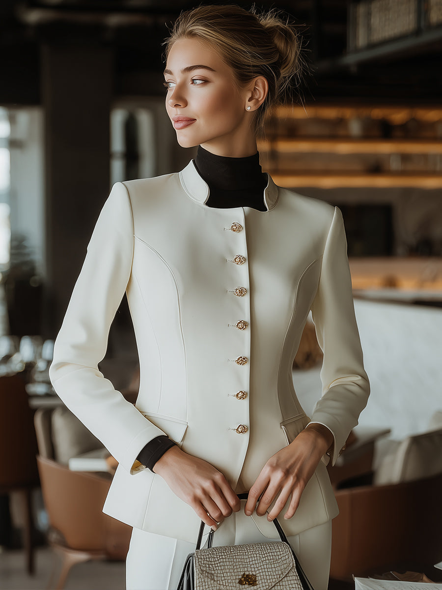 High-Neck Sculpted Button-Front Tailored Jacket