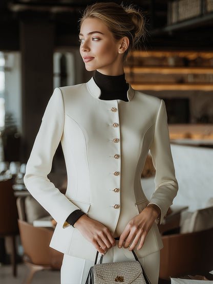 High-Neck Sculpted Button-Front Tailored Jacket