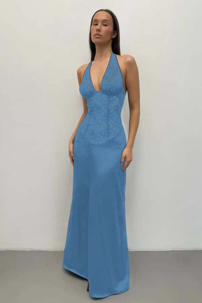 Halter Deep V-Neck Sleeveless Long Mermaid Prom Dress
