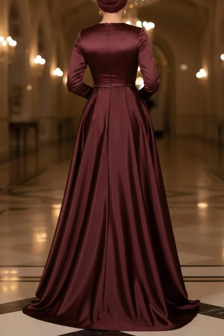 Draped Train Cinch Waist Round Neck Satin Party Maxi Dresses