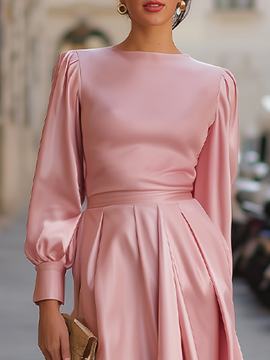Elegant Satin Long-Sleeve High-Low Evening Dress