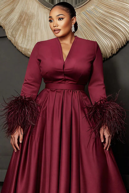Burgundy V Neck Long Sleeve Feather Elegant Pocket Satin Midi Dress