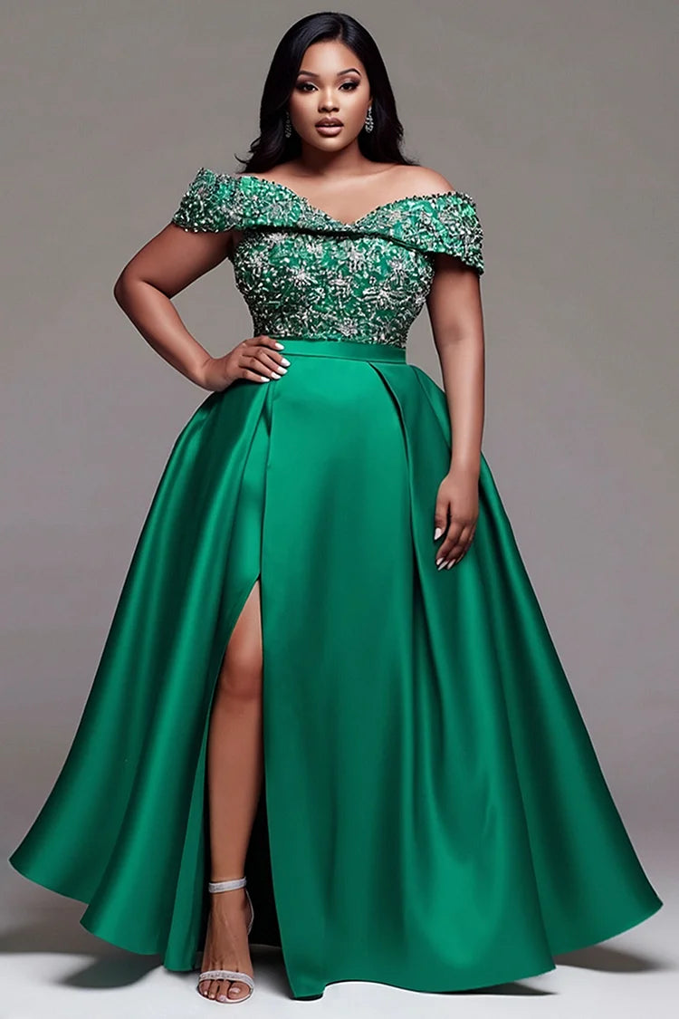 Green Off The Shoulder Short Sleeve Split Elegant Satin Maxi Dress